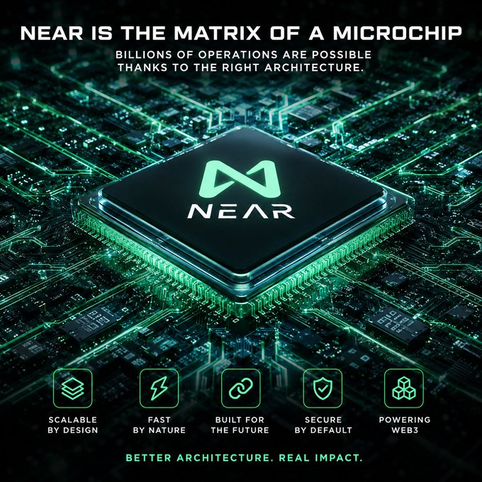 A NEAR Protocol promotional graphic featuring a glowing microchip with the NEAR logo, captioned 'NEAR IS THE MATRIX OF A MICROCHIP' with features: Scalable by Design, Fast by Nature, Built for the Future, Secure by Default, Powering Web3.