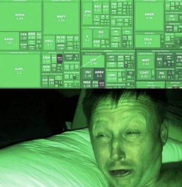 A split image showing a man sleeping under a green night-vision filter on the bottom, and a stock market data display with green numbers on top.