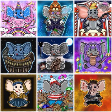 A 3x3 grid of nine digital illustrations of cartoon baby elephants in various settings and outfits, including a carnival performer, a martial artist, a fortune teller, a drummer, a relaxing elephant, a purple dragon-like elephant, a kimono-wearing elephant, an urban graffiti-style elephant, and a ninja elephant. The image showcases examples of the custom baby elephants that participants can win in the raffle event mentioned, where buyers of baby elephants on the primary market are eligible for prizes including a 1/1 customized elephant and $50 cash back.