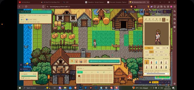 A computer screen displays a pixel-art farming RPG game, likely Sunflower Land, showing a character in a village setting with inventory menus on the side.