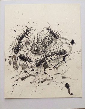 An ink illustration featuring chaotic splatters, linework, and faintly depicted figures that evoke a sense of decay or destruction, aligning with the NFT artwork titled "The Fall of the Queen" — a 5th-edition piece minted on Objkt (XTZ).