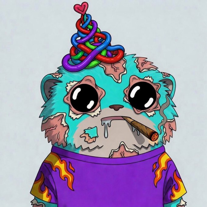 The image features a cartoon cat wearing a purple shirt with flames, holding a cigarette and looking at the camera. The background of the image is white, which contrasts with the colorful attire of the cat. The caption below the image reads "24H Giveaway Thanks to Pawerum for this super cool 1/1 NFT As a thank you, we're giving away 10 GTD spots to my community - Follow @Pawereum and @ZeusRebirth - Like + RT and tag a friend - EVM Wallet Good luck to everyone".
