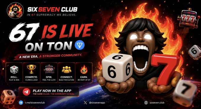 Promotional graphic for 'SIX SEVEN CLUB' with the slogan 'IN 67 SUPREMACY WE BELIEVE' and '67 IS LIVE ON TON', featuring a fiery cartoon character holding dice and a TON coin logo.