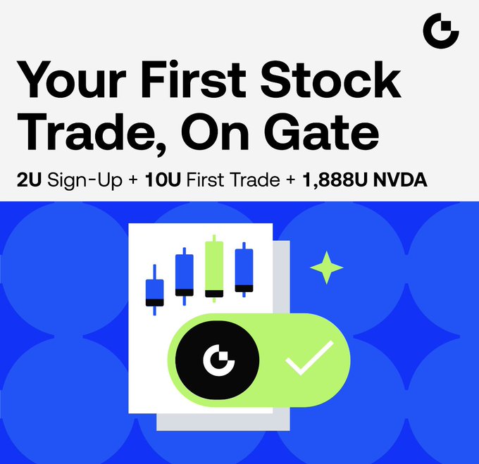 This image promotes Gate.com's "Your First Stock Trade, On Gate" initiative, highlighting bonuses like "2U Sign-Up + 10U First Trade + 1,888U NVDA" with a graphic of a stock chart and a toggle switch. The accompanying post explains that Gate.com makes traditional assets accessible for crypto traders to make their first stock trade.