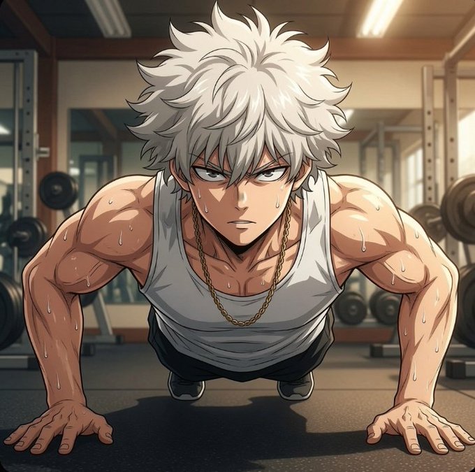 An anime character with spiky white hair performs a push-up in a gym, wearing a white tank top and gold chain.