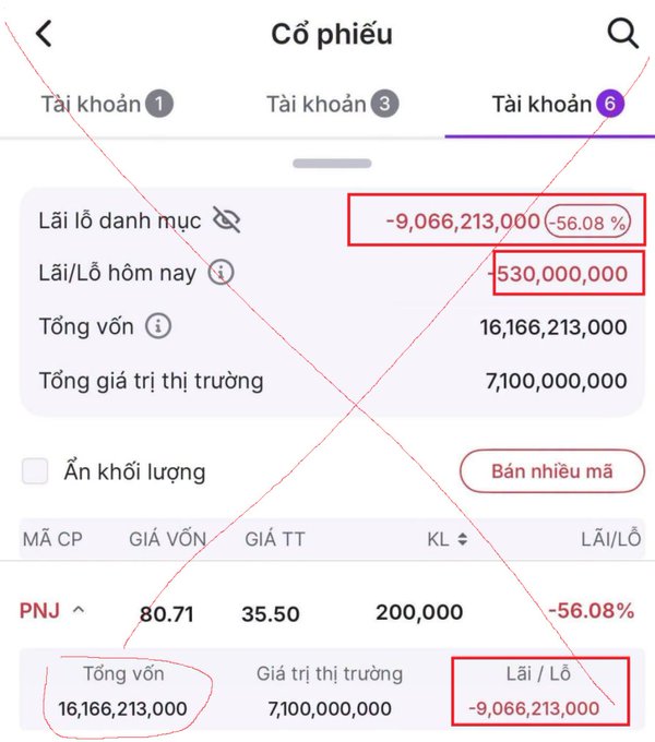 A Vietnamese stock portfolio app screenshot showing stock 'PNJ' with a -56.08% loss (-9,066,213,000 VND), highlighted with red boxes and an X mark drawn over it.
