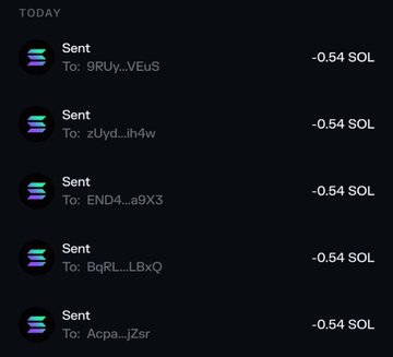 A screenshot of a crypto wallet transaction history showing five sent transactions of 0.54 SOL each to various wallet addresses (9RUy...V£uUS, zUyd...ilH4w, END4...a9X3, BqRL...LBxQ, and Acpa...JZsr), labeled under "TODAY," which appears to be evidence supporting the airdrop giveaway claim mentioned in the post.