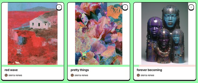 Three digital NFT cards titled 'red wave', 'pretty things', and 'forever becoming', all attributed to the creator 'sierra renee'.