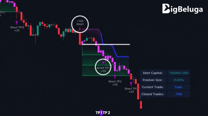 The image showcases a trading chart interface from BigBeluga featuring a Bitcoin short strategy with multiple take profit levels (TP1, TP2, TP3) marked at +50 and +25 increments, along with a -100 short entry point, while the strategy panel displays $100,000 starting capital, 798 closed trades, and a cash position status.