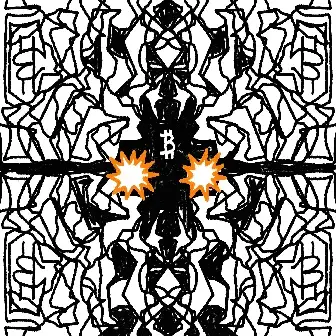 A black and white symmetrical abstract illustration with intricate linework and two orange starburst shapes in the center.