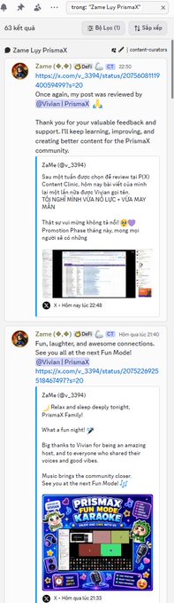 A Facebook page "Zame Loy PrismaX" displaying review content for a project, with 63 results and posts in Vietnamese, including a Zalo link and contact details.