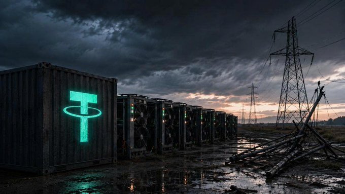 A row of bitcoin mining rigs sits idle under dark, stormy skies in a muddy field with high-voltage power lines and a transmission tower nearby, visually echoing the halted Tether mining operation. The glowing green "₮" (Tether) logo is illuminated on the leftmost container, tying the abandoned equipment directly to the company's disrupted $120 million project in Uruguay.