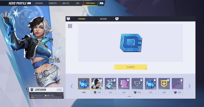 A screenshot from a video game shows a 'PROFICIENCY' tab with a character named 'CENTURION' at LVL 13, featuring a 'CLAIMED' blue currency item and various other rewards.