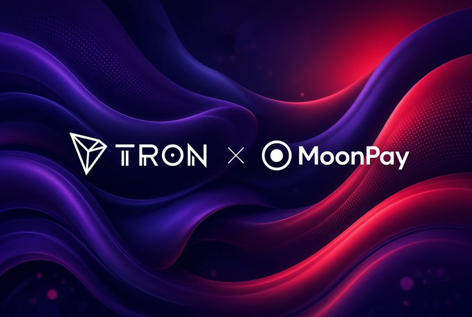 A promotional graphic featuring the TRON and MoonPay logos side by side, set against a flowing purple and red wave design, visually announcing the new gasless USDT transaction partnership between the two companies.