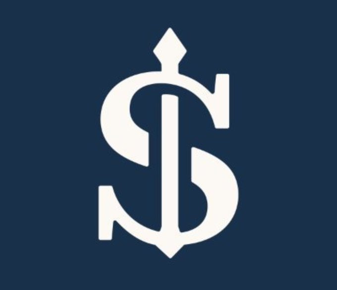 A vintage-style logo featuring interlocking letters 'S' and 'S' with an arrow through the center, displayed in cream on a navy blue background.