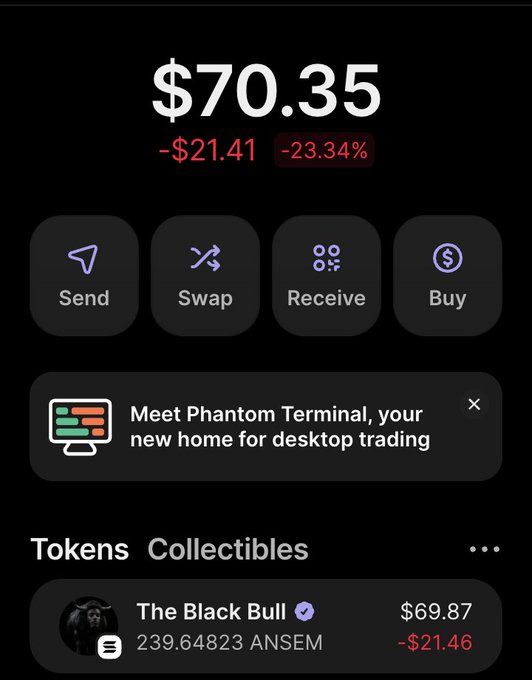 A Phantom wallet screenshot shows a portfolio value of $70.35 (down -$21.41, -23.34%), with the recent purchase of 239.64823 $ANSEM tokens ("The Black Bull") valued at $69.87 displayed, matching the post announcing a $69 memecoin buy of $ANSEM.