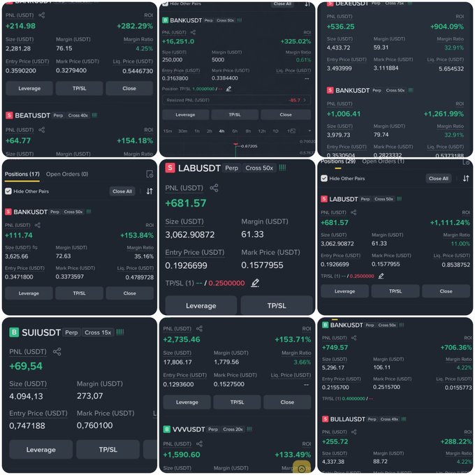 A grid of cryptocurrency trading position cards displays multiple leveraged trades with notable PNL gains, including BANKUSDT ($2,735.46, +153.71% ROI), VVVUSDT ($1,590.60, +133.49% ROI), DEXEUSDT ($536.25, +904.09% ROI), and LABUSDT ($681.57), showcasing strong performance across various perpetual positions. The image serves as promotional evidence for a Telegram trading community, supporting the post's claim of earning $100–$3000+ per month through trading analysis.
