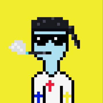 A pixel art image on a yellow background showing a figure with a bandana, sunglasses, and a cigarette in their mouth, wearing a white shirt with a red cross and colored plus signs.