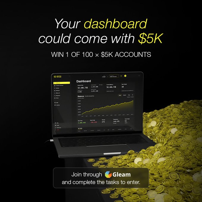 Promotional graphic announcing a giveaway of 100 × $5K accounts, featuring a laptop displaying a financial trading dashboard with metrics like a Total Equity of $2,406,735 and a balance growth chart, surrounded by piles of gold coins, with a call-to-action to "Join through Gleam and complete the tasks to enter."