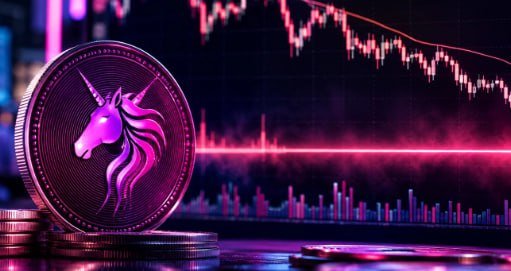 The image displays a prominent golden coin featuring a unicorn design, set against a backdrop of downward-trending red and pink financial charts. No specific text, numbers, or tickers are visible in the image itself, though it visually echoes the post's theme of a large crypto investor selling $3 million worth of UNI tokens.