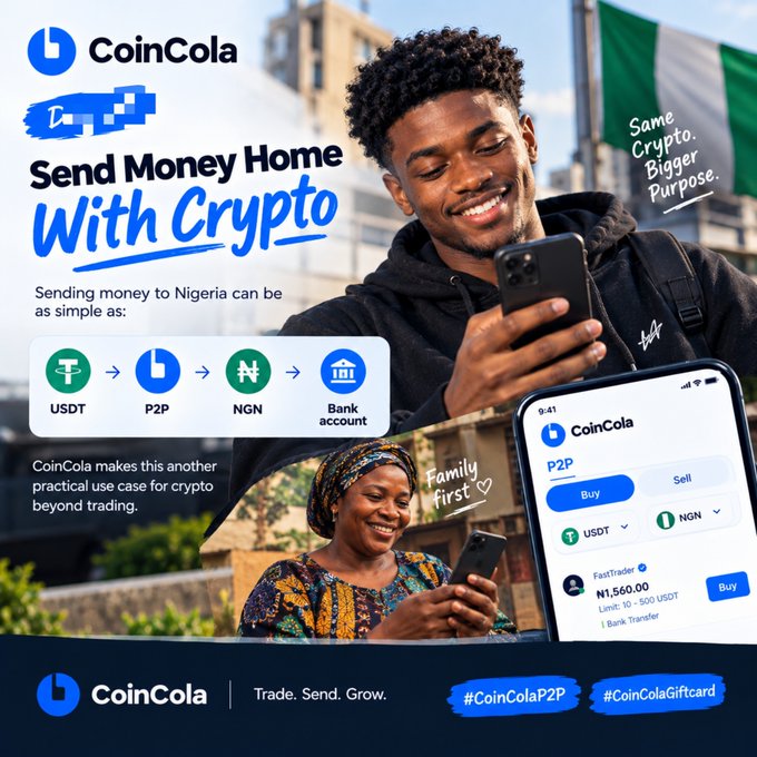 CoinCola advertisement featuring 'Send Money Home With Crypto' to Nigeria, showing a USDT to NGN conversion flow via P2P.