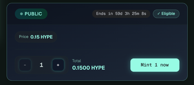 A digital interface showing a PUBLIC NFT minting screen with price 0.15 HYPE, quantity 1, total 0.1500 HYPE, an 'Eligible' badge, a countdown of 59d 3h 25m 8s, and a 'Mint 1 now' button.