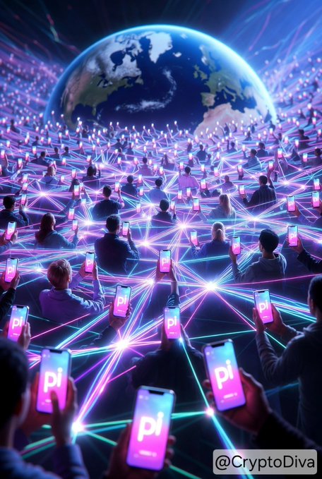 An AI-generated image shows a crowd of people holding smartphones displaying the 'pi' (Pi Network) logo, connected by glowing lines in front of Earth, watermarked @CryptoDiva.