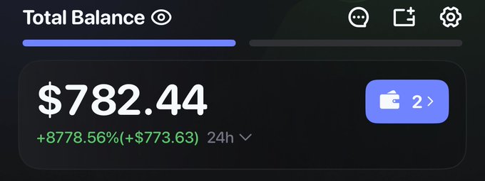 A crypto wallet interface displays a 'Total Balance' of '$782.44', showing a +8778.56% increase (+$773.63) over 24 hours.