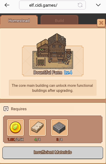 A mobile game screenshot showing a 'Bountiful Farm Lv.4' building upgrade screen with insufficient materials, displayed at elf.cidi.games/.