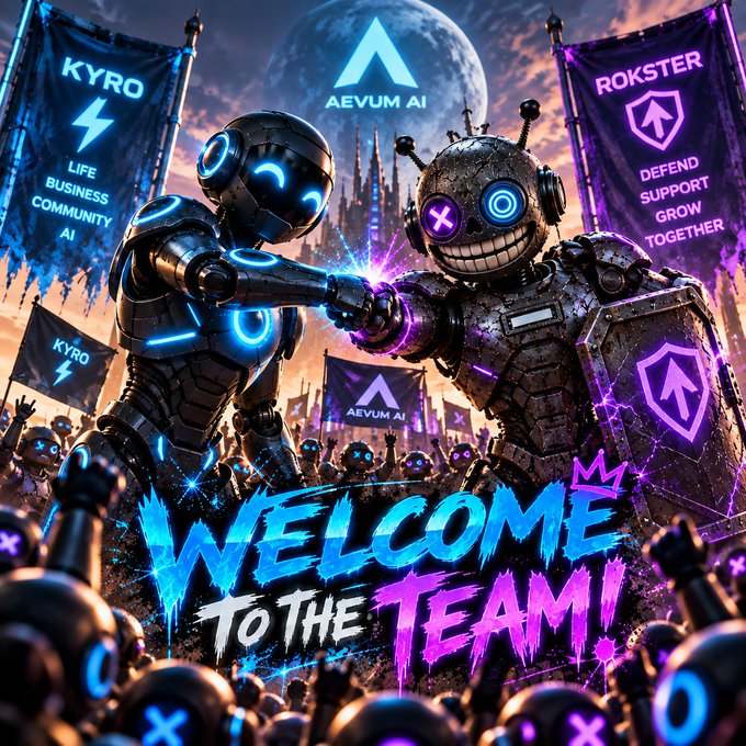 A vibrant digital illustration featuring two robots—one glowing blue labeled 'KYRO' and one rusty with purple accents labeled 'ROKSTER'—fist-bumping in front of banners, with 'WELCOME TO THE TEAM' written at the bottom.
