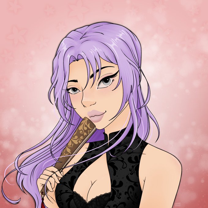 An anime-style illustration of a woman with long lavender hair and purple eyes, wearing a black floral dress and holding a decorated folding fan against a pink background.