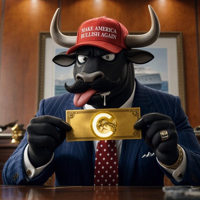 A cartoonish bull wearing a red "MAKE AMERICA BULLISH AGAIN" cap, pinstripe suit, and polka dot tie holds up a gold-tinted bill featuring a cat illustration with the letter "C." The image humorously combines the bullish market mascot from the post with the "CATE" pun, visually pitching a cat-themed crypto token.