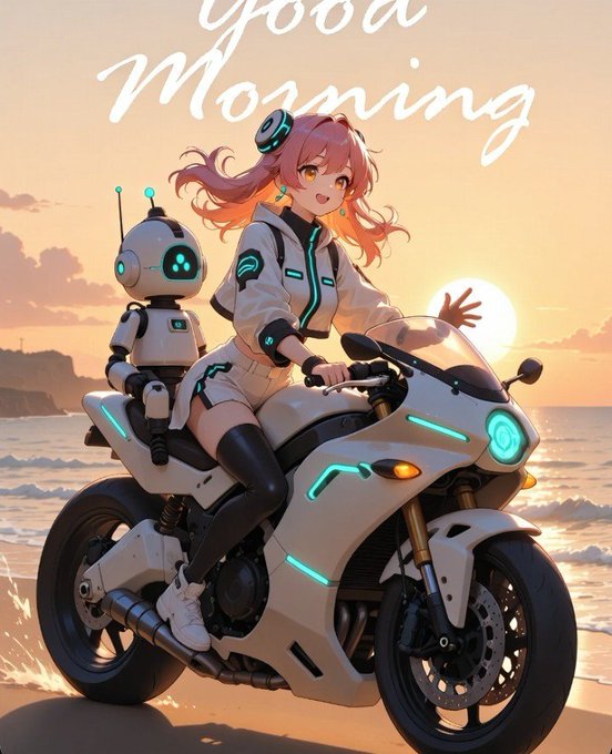 A cheerful anime girl with pink hair waves from a futuristic motorcycle at sunrise, accompanied by a small robot passenger, with "Good Morning" written above in elegant script—capturing the hopeful, motivational tone of the $RIVER post about seizing each new day to build long-term consistency.