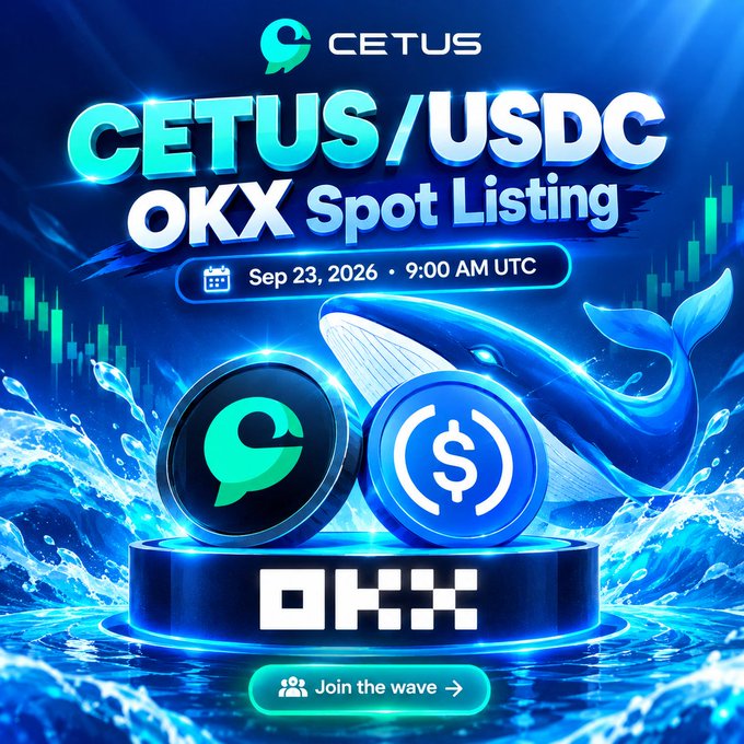 Promotional graphic announcing the CETUS/USDC OKX Spot Listing on Sep 23, 2026 at 9:00 AM UTC, featuring a blue whale, a podium with the OKX logo, and a 'Join the wave' call-to-action button.