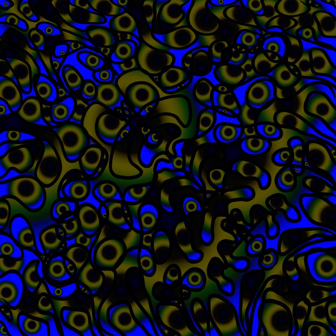 An abstract, psychedelic digital pattern featuring repeating dark circular eye-like shapes against a vibrant blue and olive green background.