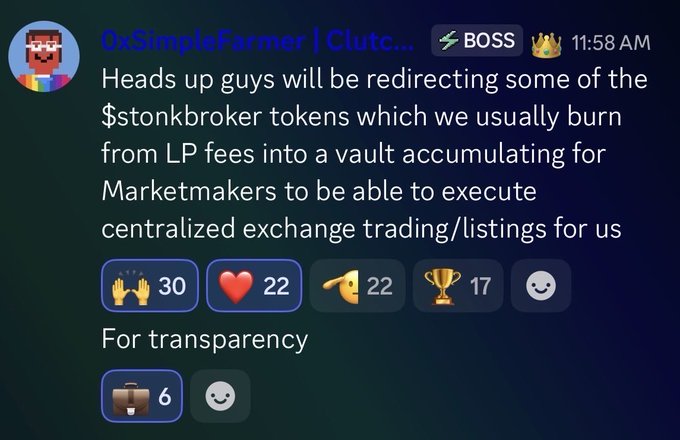A screenshot of a Discord message from user "0xSimpleFarmer" posted at 11:58 AM with BOSS and Crown tags, announcing a redirection of $stonkbroker LP fee tokens into a vault for marketmaker exchange trading support, with 30 applauds, 22 hearts, 22 shrugges, 17 trophies, and 6 briefcase reactions. The message supports the post's optimistic tone about $STONKBROKER's long-term development by showing transparent communication about upcoming token utility and exchange listings.