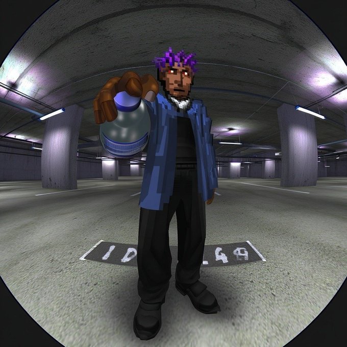The image features a man standing in an empty parking garage with a fisheye lens effect applied, giving him a unique perspective of his surroundings. He is wearing black pants and a blue jacket, holding a water bottle in one hand while pointing at something on the ground with the other. The post includes text that reads "GM, happy Thursday Take this opportunity to scrutinize your portfolio. BTC probably bounces back. Most alts won'n." This suggests that the man might be discussing or analyzing some financial information related to Bitcoin and its performance in the market.