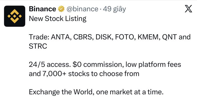 A tweet from @binance announcing 'New Stock Listing' for trading tickers ANTA, CBRS, DISK, FOTO, KMEM, QNT, and STRC, with 24/5 access, $0 commission, and 7,000+ stocks available.