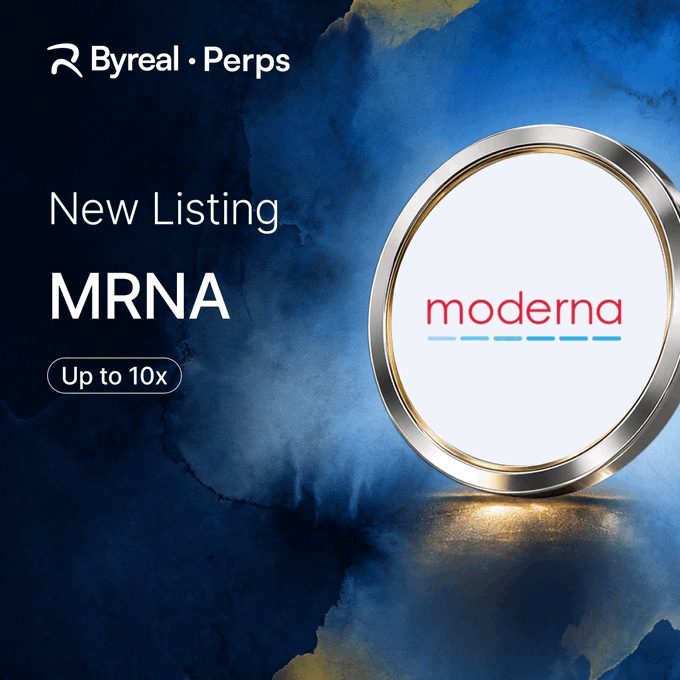 The image is a promotional graphic from Byreal Perps announcing a new listing for MRNA (Moderna) with up to 10x leverage. It features the Byreal and Moderna logos against a blue watercolor-style background, matching the announcement about trading Moderna perpetual futures onchain.