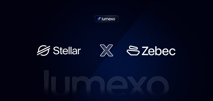 The image features a logo for two companies named "Stellar" and "Zebec". The logos are displayed against a dark blue background, with white text that reads "Stellar XLM has selected Zebec as its global stablecoin payroll infrastructure provider." This suggests that the partnership between these two companies is related to the development of a stablecoin for use in payroll services.