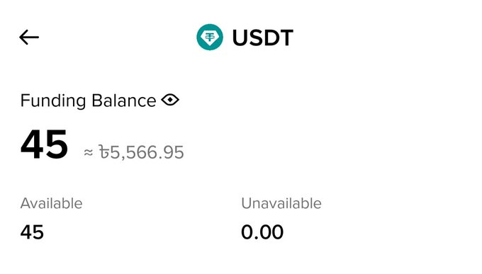 A crypto wallet funding balance screen showing 45 USDT (approximately ₿5,566.95) with 45 available and 0.00 unavailable.