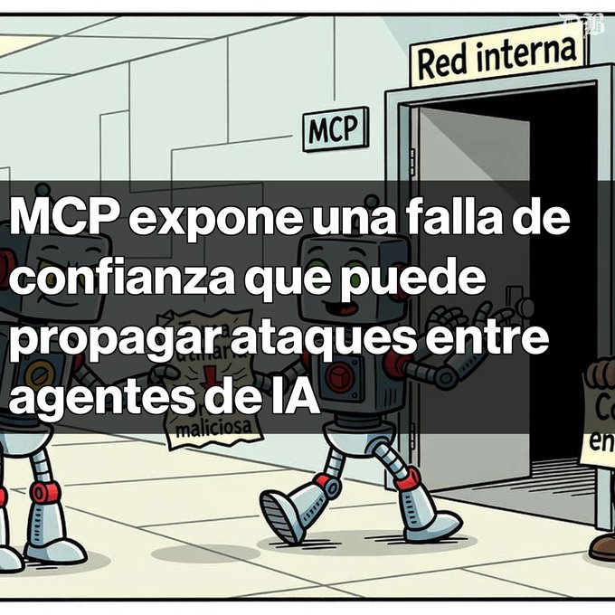 An illustrated cartoon showing robots walking down a corridor, with Spanish text reading 'MCP expone una falla de confianza que puede propagar ataques entre agentes de IA'.