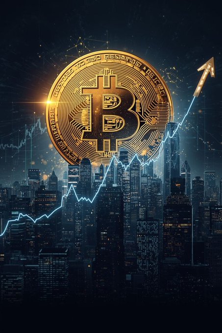 A glowing golden Bitcoin coin dominates the image, overlaid on a dark cityscape with a luminous upward-trending chart and arrow, visually reinforcing the post's message about surging $BTC whale activity and long-term holder movements driving market speculation.
