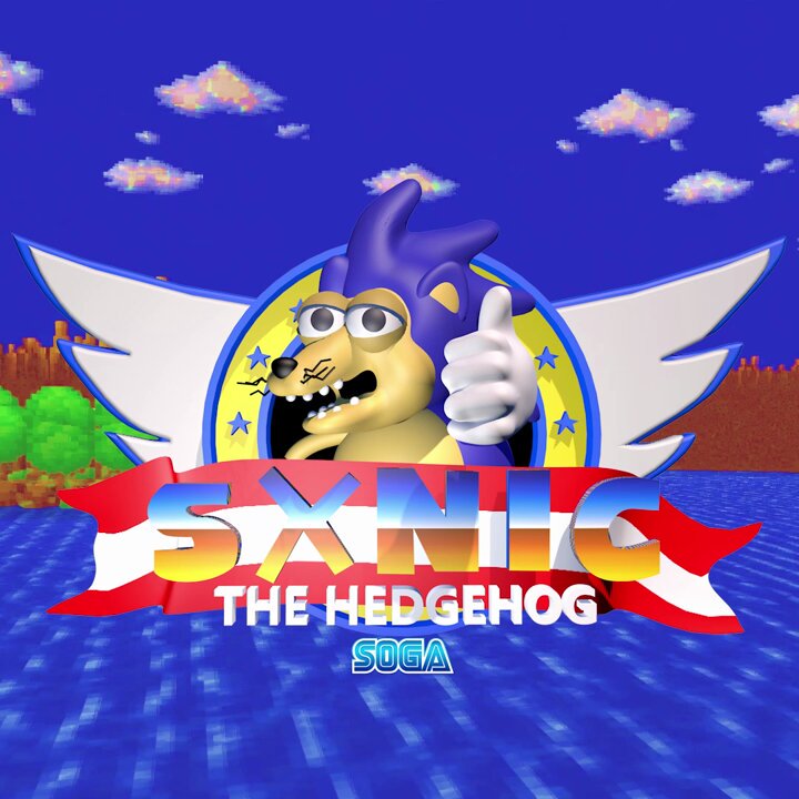 The image features a cartoon character, specifically Sonic the Hedgehog, wearing sunglasses and giving a thumbs up with his hand raised. The background of the image shows a blue sky with clouds, and there are trees visible as well. The caption below the image reads "only two editions left at 5 XTZ SXNIC bootleg is culture 1080 x 1080 pixels 30 fps motionloop in @objktcom objkt.com/tokens/KT1AS9y".