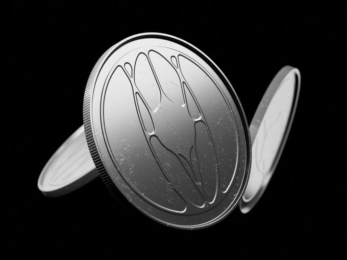 A 3D render of a metallic silver coin featuring an abstract logo, displayed against a black background.