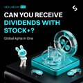 The image is a Bitget promotional graphic featuring a 3D character holding a money bag beside coins emerging from a smartphone, with the headline "CAN YOU RECEIVE DIVIDENDS WITH STOCKS?" and tagline "Global Alpha in One." It relates to the post by introducing how to trade US stocks on Bitget, highlighting the platform's offer of dividend-paying stock access through its mobile app.