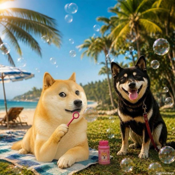 AI-generated image of a Shiba Inu and a black Shiba Inu enjoying bubbles on a tropical beach with palm trees, watermarked "own the doge."