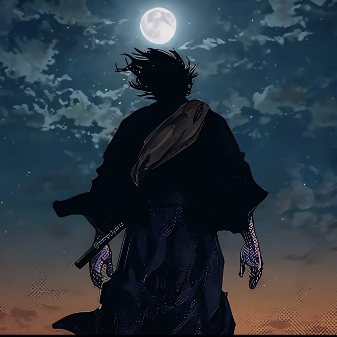 An anime-style illustration depicts a silhouetted figure with dark hair holding a katana, standing beneath a full moon in a cloudy night sky.