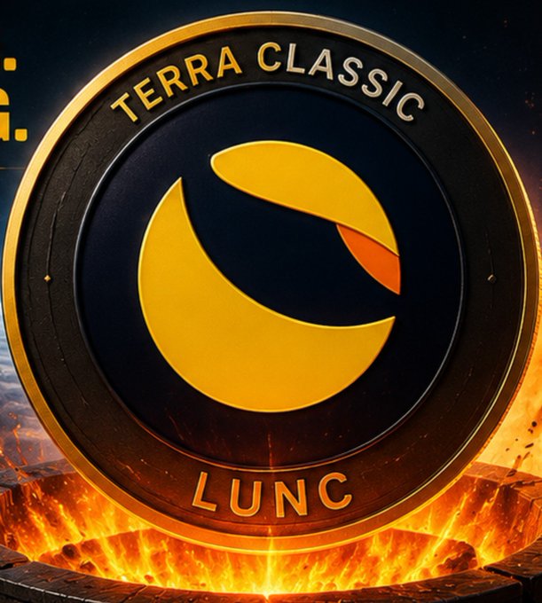 A stylized graphic of a Terra Classic (LUNC) cryptocurrency coin with its yellow crescent logo, set against flames.