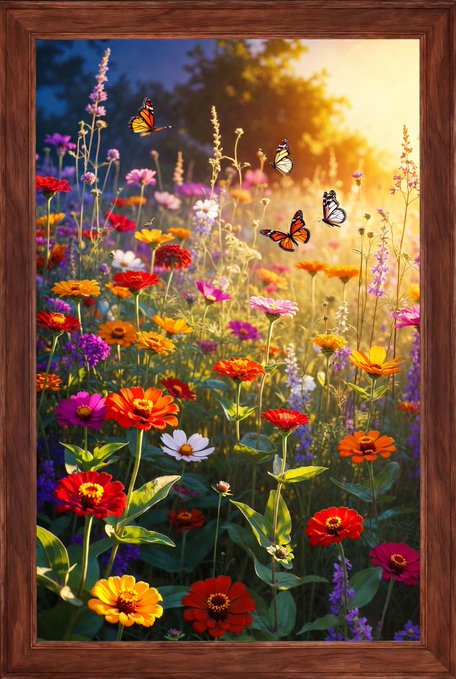 A framed digital artwork depicting a vibrant wildflower meadow at golden hour, featuring colorful flowers and several butterflies in flight.